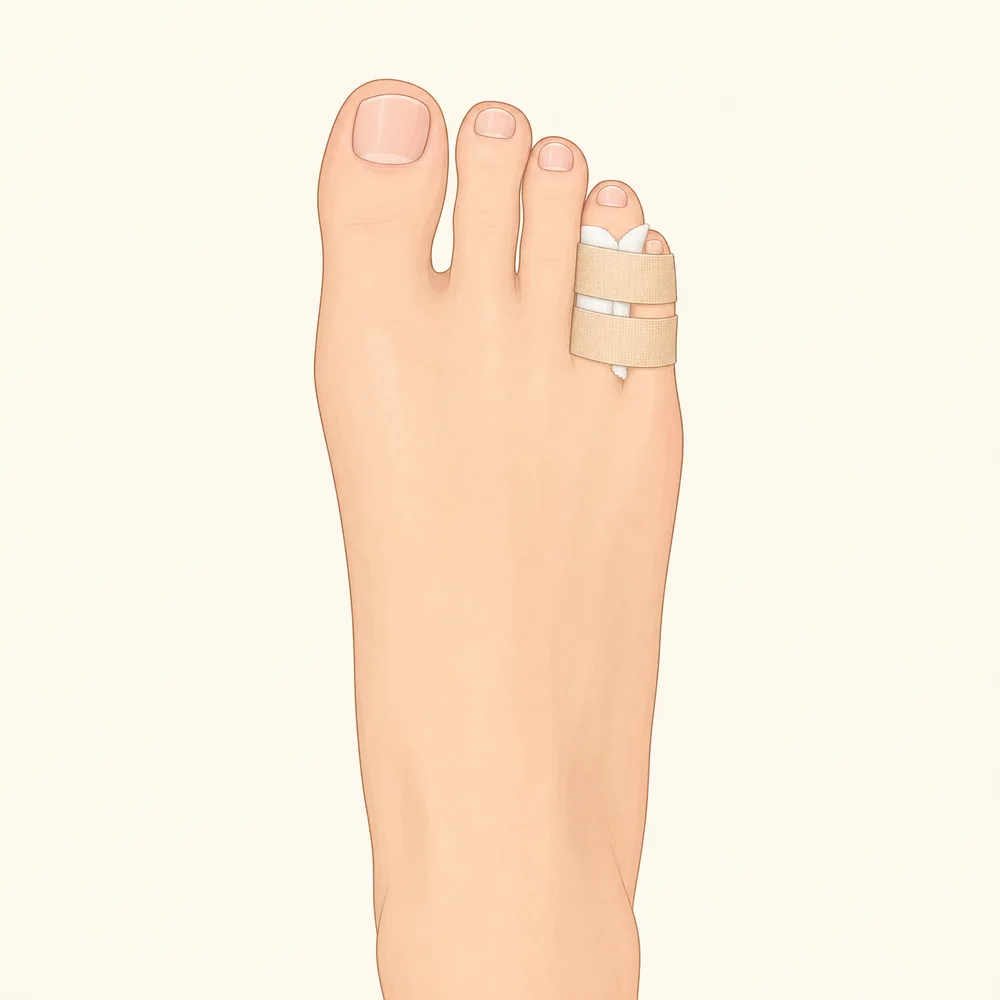 Illustration of buddy taping: the fourth and fifth toes taped together with gauze between them