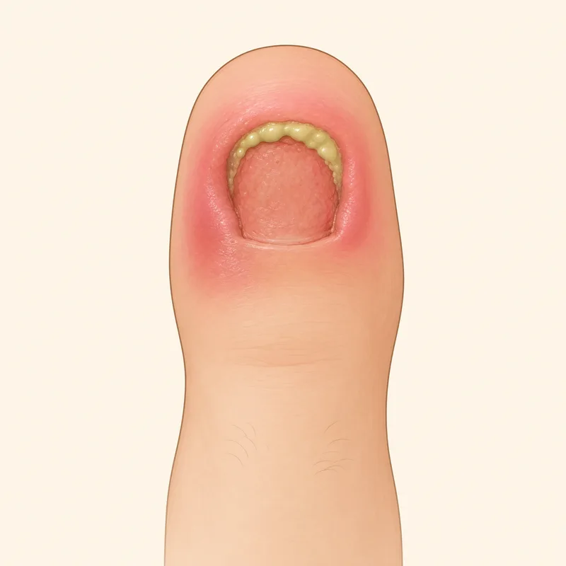 Illustration of an infected nail bed with thick yellow-green pus and red swollen skin