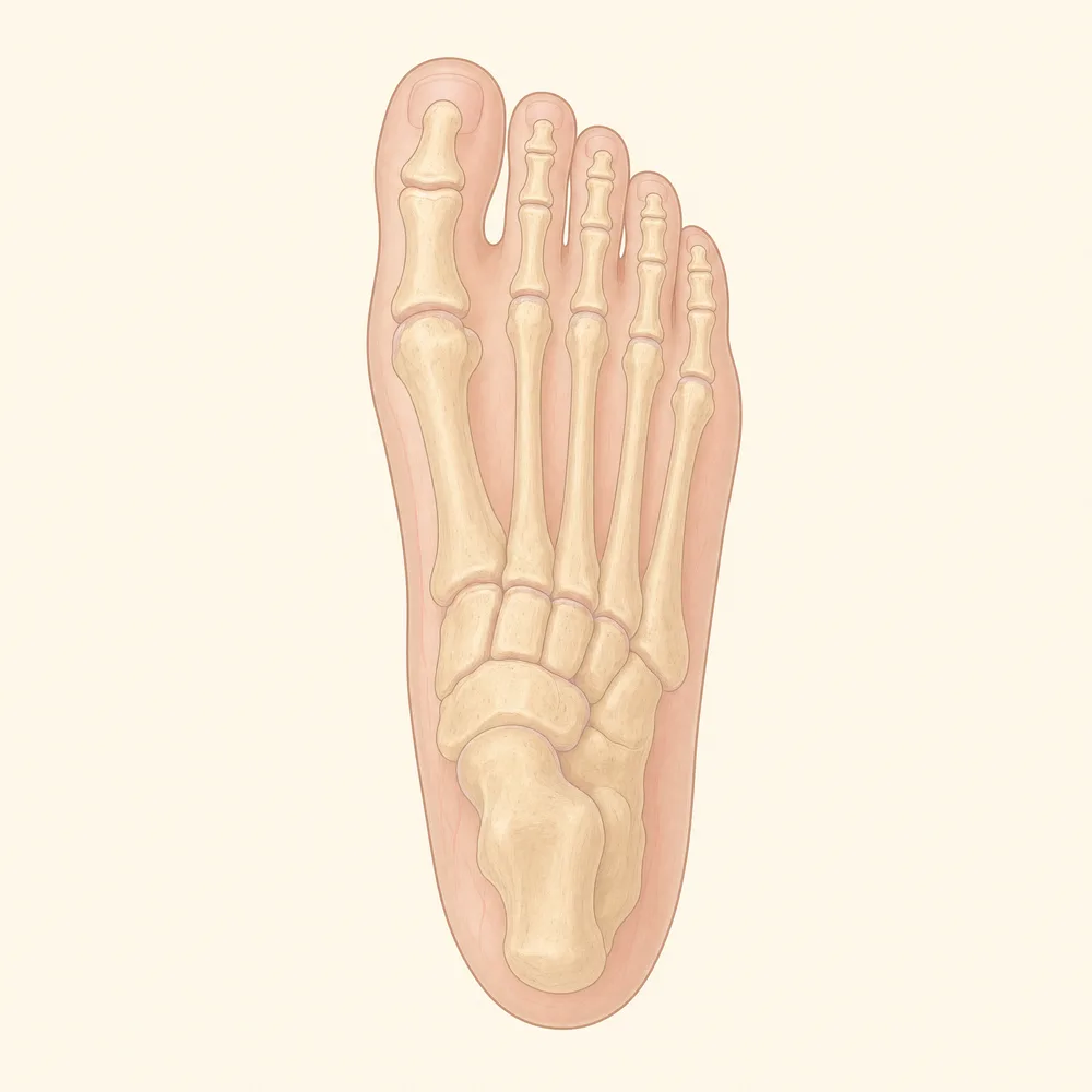 Illustration of a foot from above with the bones visible: five long metatarsals and the toe bones, two in the big toe and three in each smaller toe