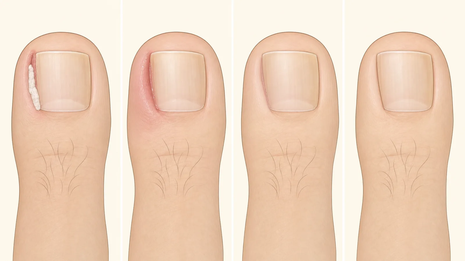 Illustration of a big toe after one edge of the nail was removed for an ingrown toenail: packed groove, week 1 pink groove, weeks 2 to 3 drying, healed narrower nail