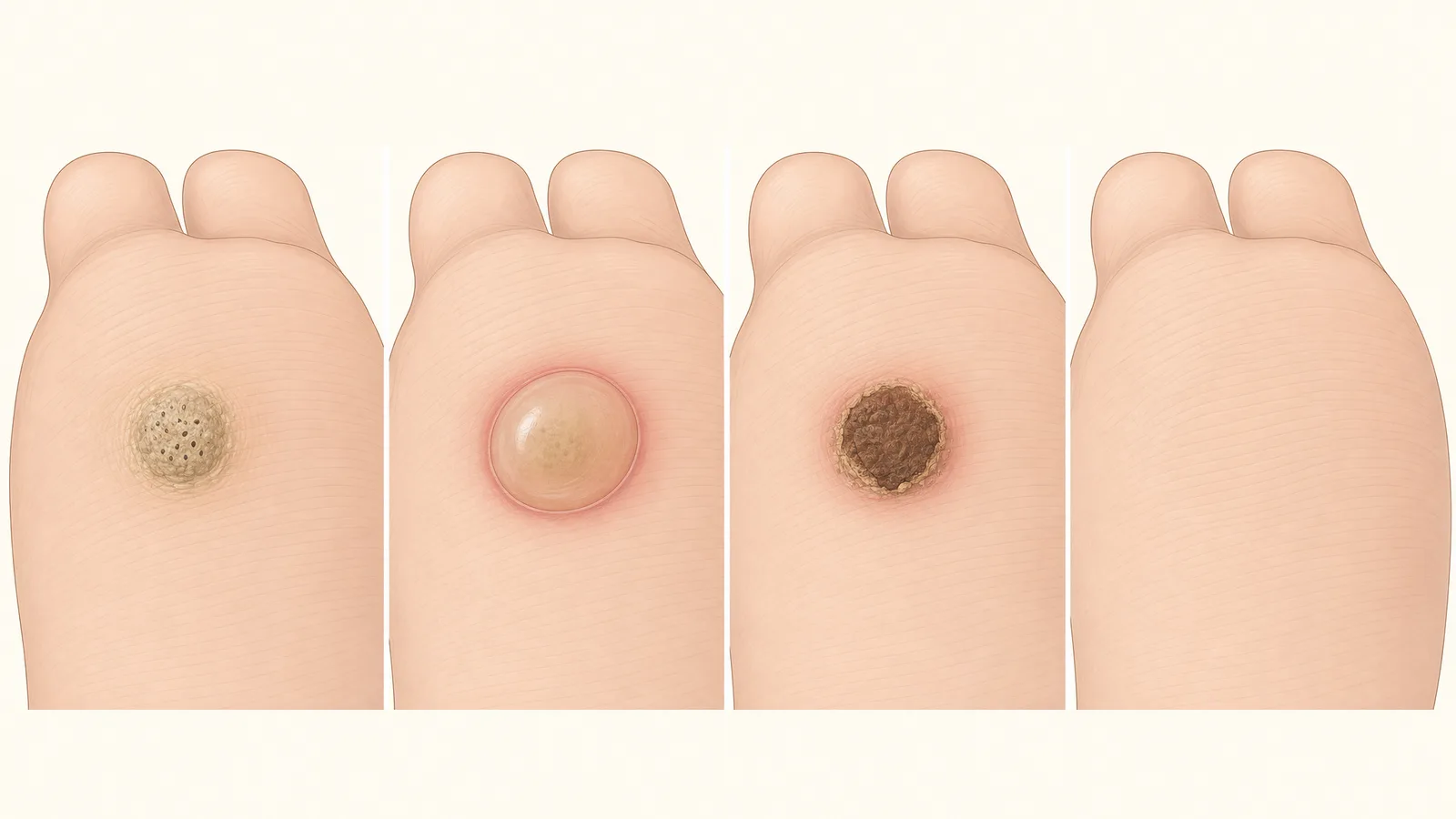 Illustration of a plantar wart before treatment, the blister after freezing, the dry crust, and healed skin with lines running straight across