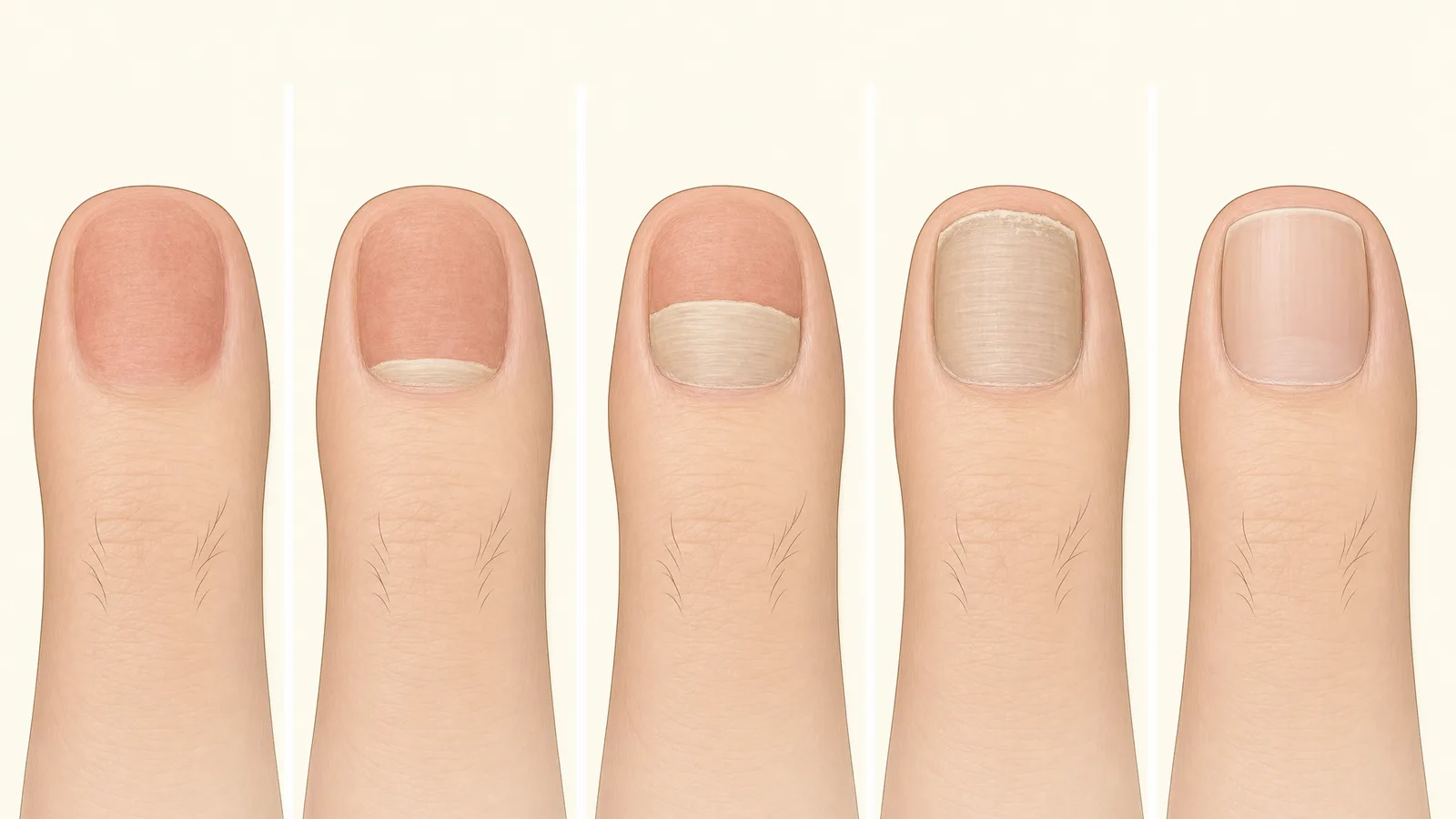 Illustration of a big toenail growing back in five stages: bare nail bed, first sliver at the cuticle, ridged nail halfway, most of the nail, full nail