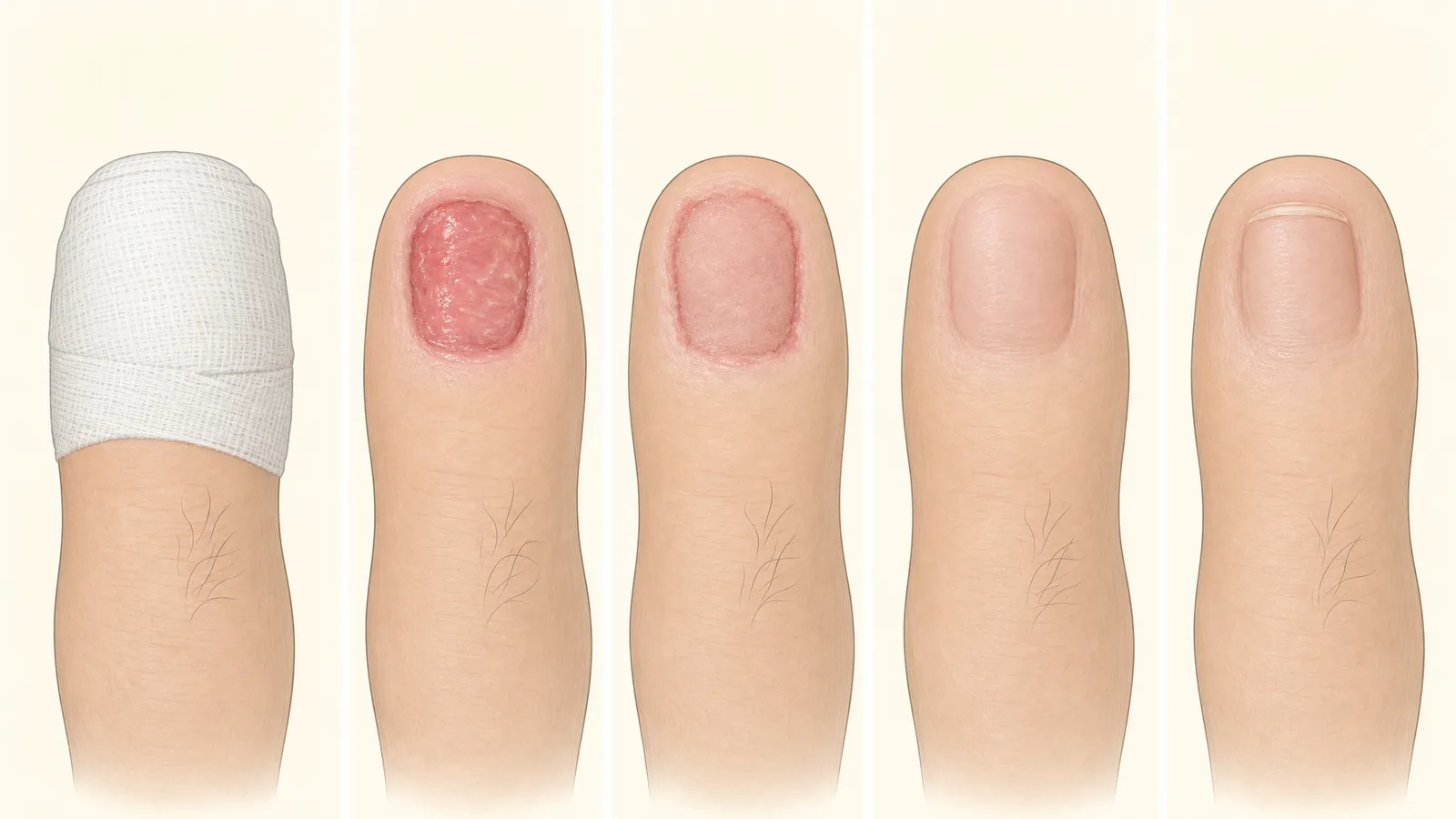 Illustration of a big toe at five stages after toenail removal: bandaged, raw pink nail bed, drying and closing, healed skin, new nail sliver