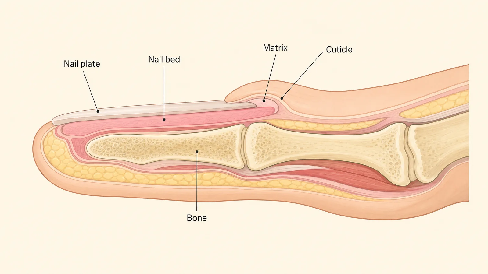 Cutaway illustration of a big toe showing the nail plate, nail bed, matrix under the cuticle, and bone