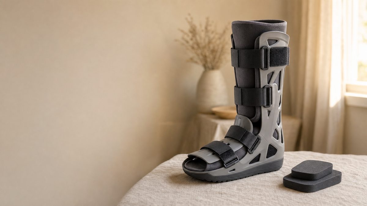 Walking boot and crutches representing Achilles rupture recovery