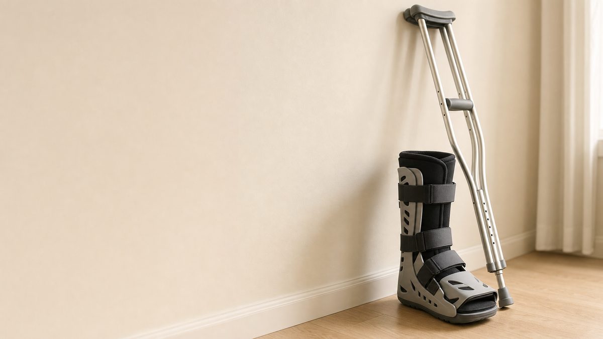 Walking boot and crutches representing ankle fracture recovery