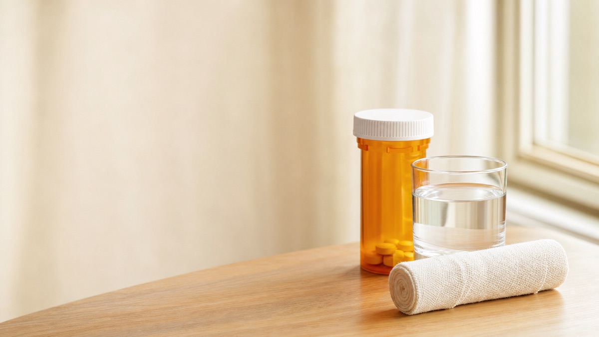 Prescription bottle, gauze, and a glass of water arranged on a table for a course of foot infection antibiotics