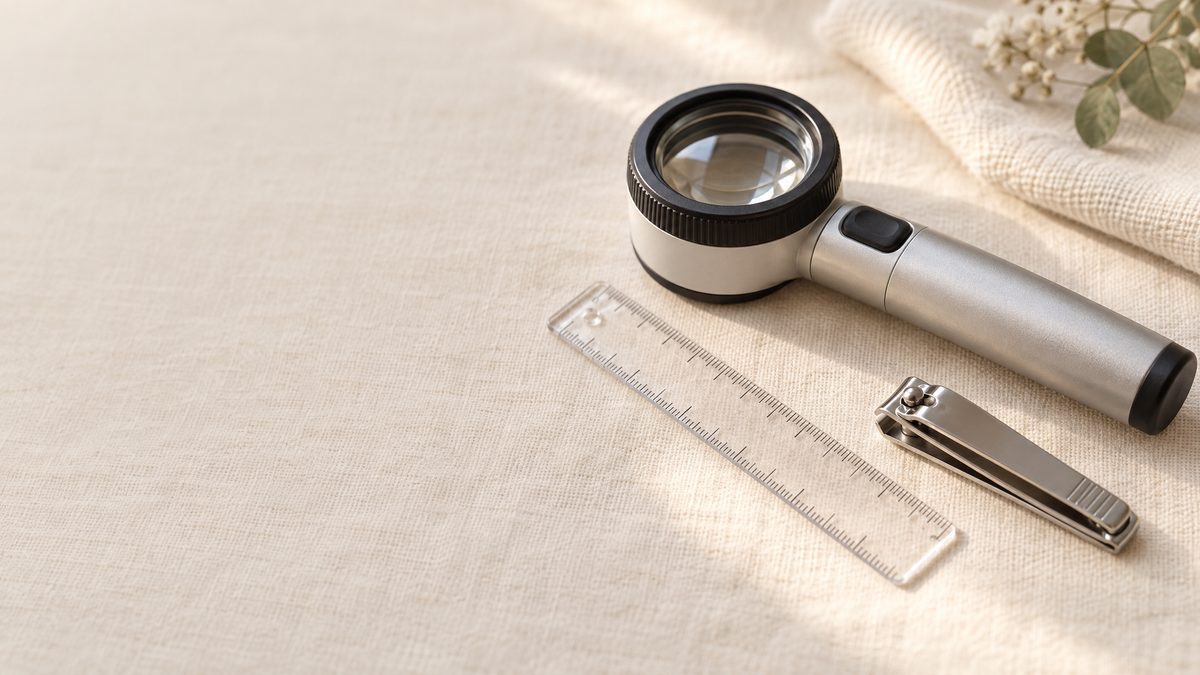 A handheld skin magnifier, a small clear ruler and nail clippers representing a toenail spot check