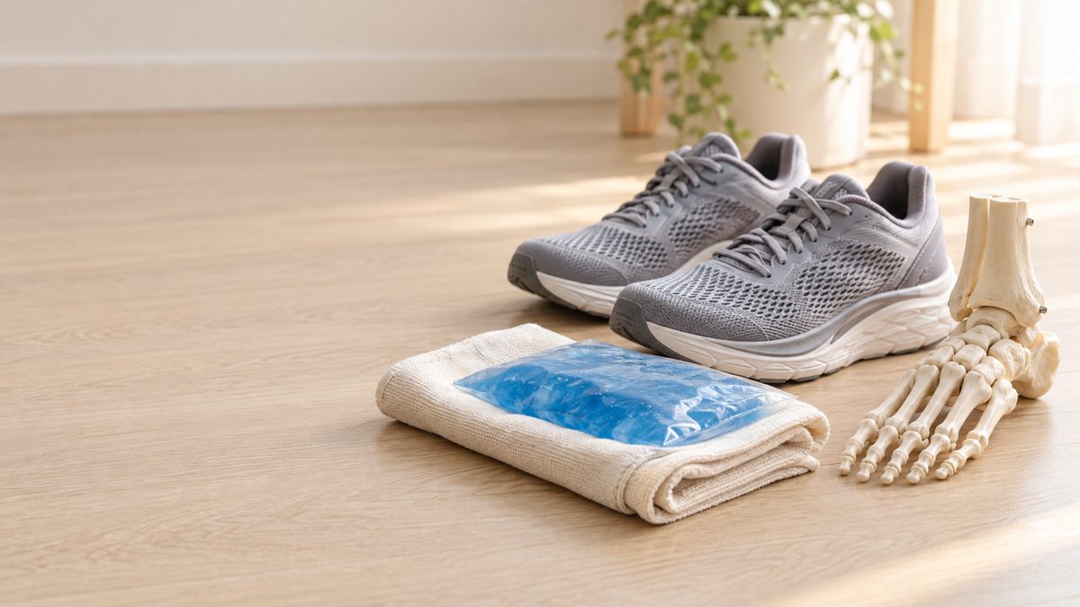 A blue gel ice pack on a folded cloth, a pair of cushioned grey running shoes and a model foot skeleton on a pale wooden floor