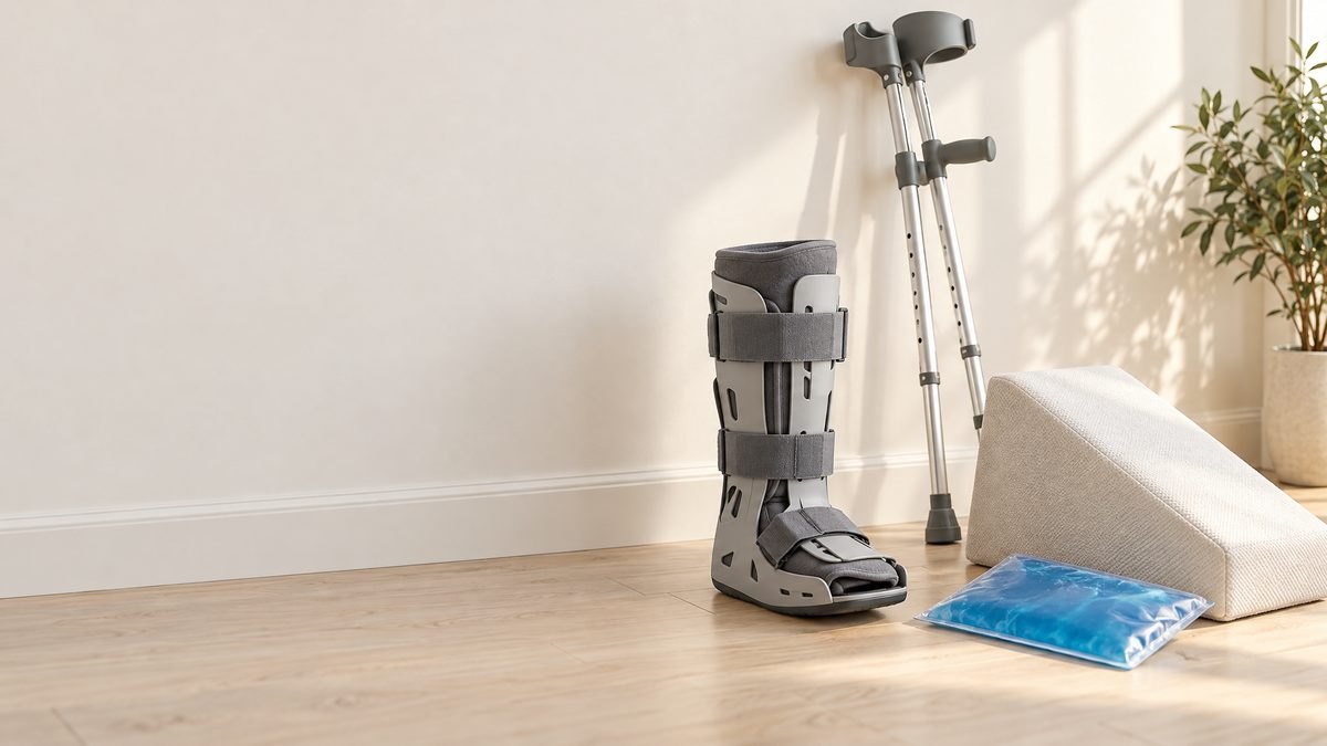 A walking boot, a pair of crutches, a leg elevation wedge and a gel ice pack on a pale wooden floor