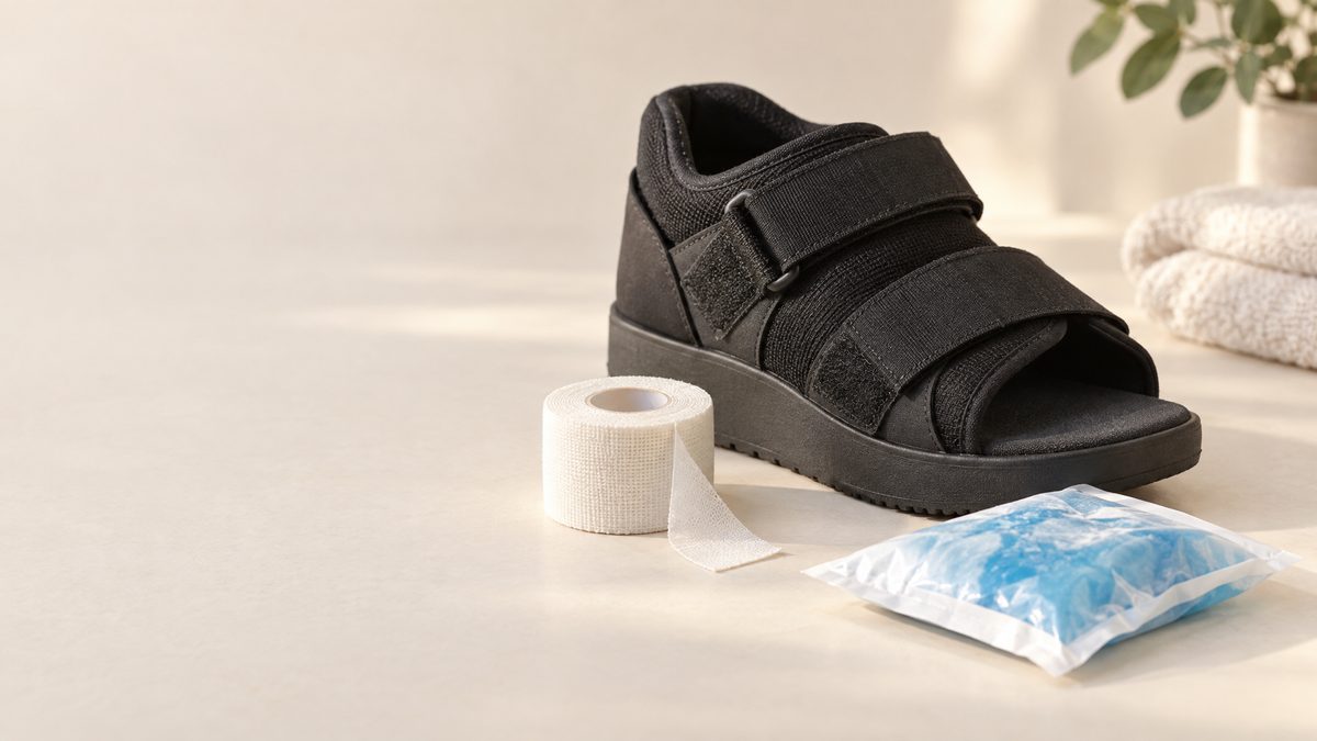 Rigid-soled post-operative shoe, athletic tape and an ice pack representing broken big toe recovery