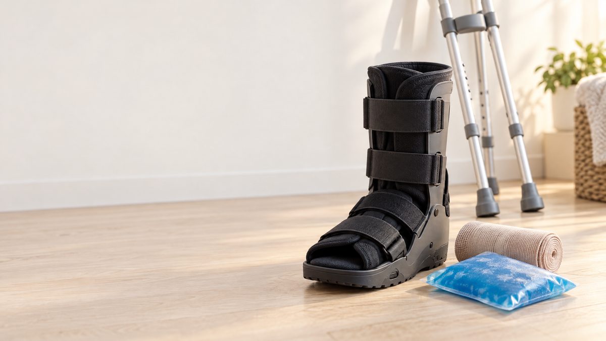 A medical walking boot, a pair of forearm crutches, an elastic bandage and an ice pack on a pale wooden floor