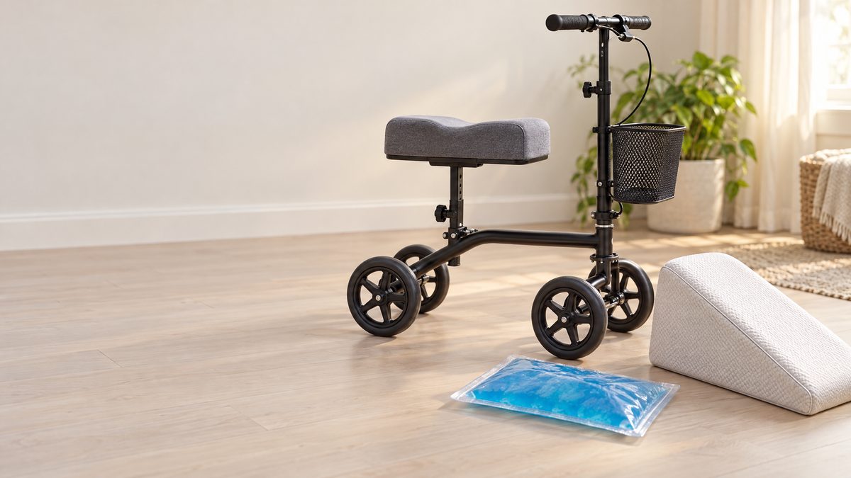 A knee scooter with a padded knee rest, a blue gel ice pack and a foam leg elevation wedge on a pale wooden floor