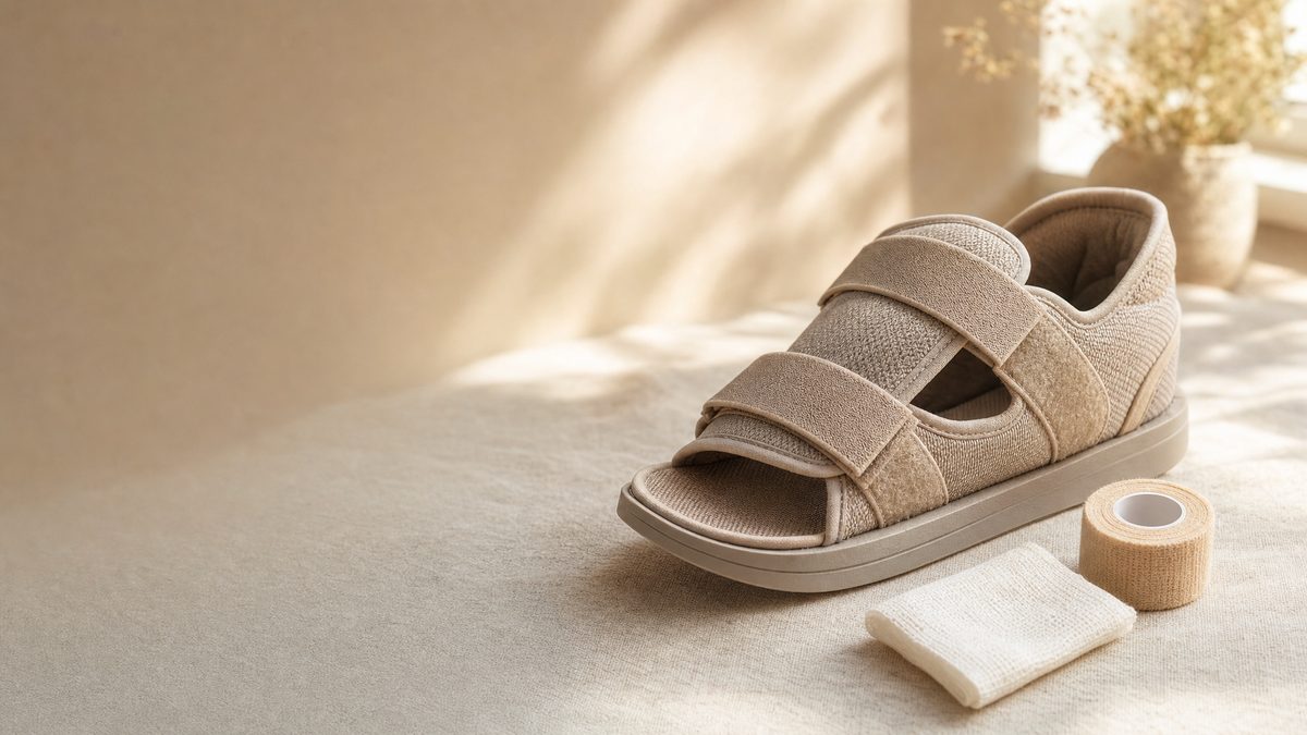 Stiff-soled recovery shoe and wrap representing broken toe care