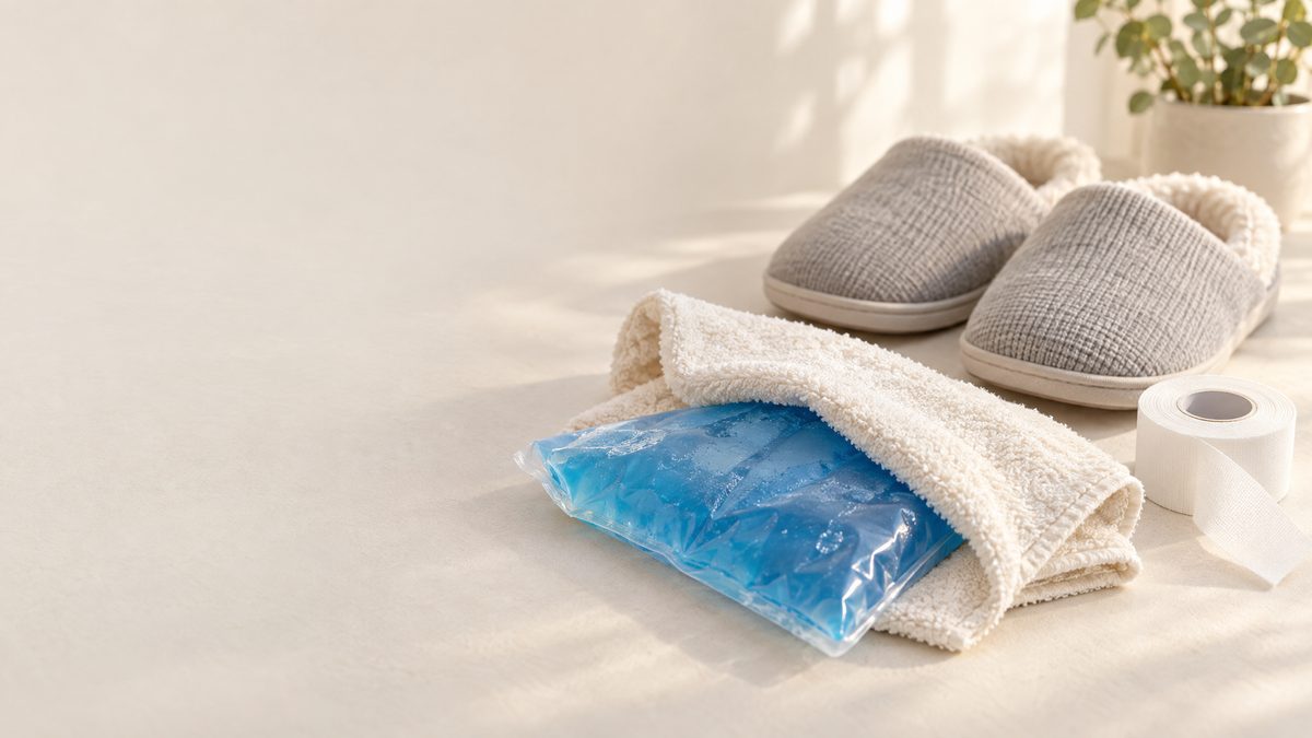 An ice pack wrapped in a towel, athletic tape and soft slippers representing care for a bruised or stubbed toe