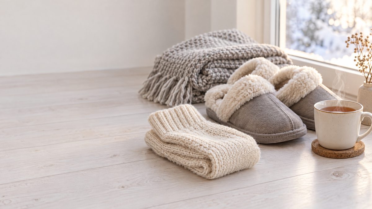 Thick cream wool socks, sheepskin-lined slippers, a mug of warm tea and a knitted blanket by a wintry window