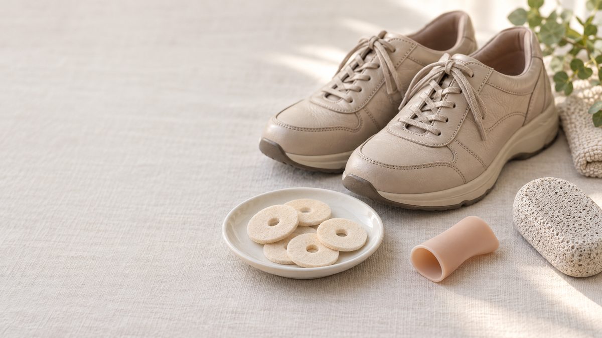 Roomy beige walking shoes, a plate of felt donut corn pads, a silicone toe sleeve and a pumice stone on a linen cloth