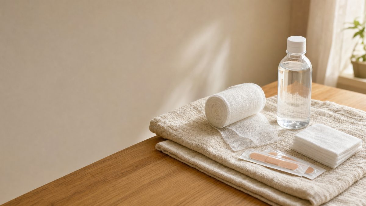 First aid supplies for cleaning and dressing a cut on the foot