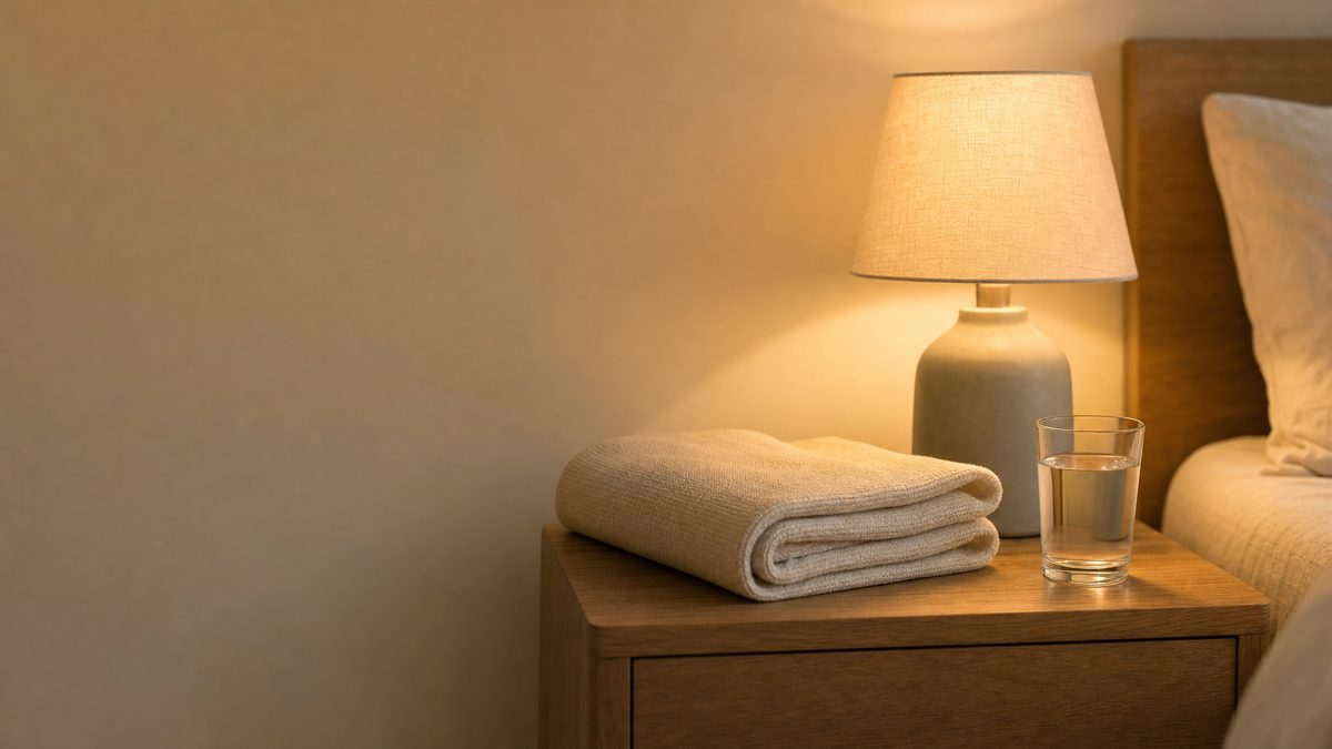 Bedside lamp and folded blanket representing nighttime neuropathy symptoms