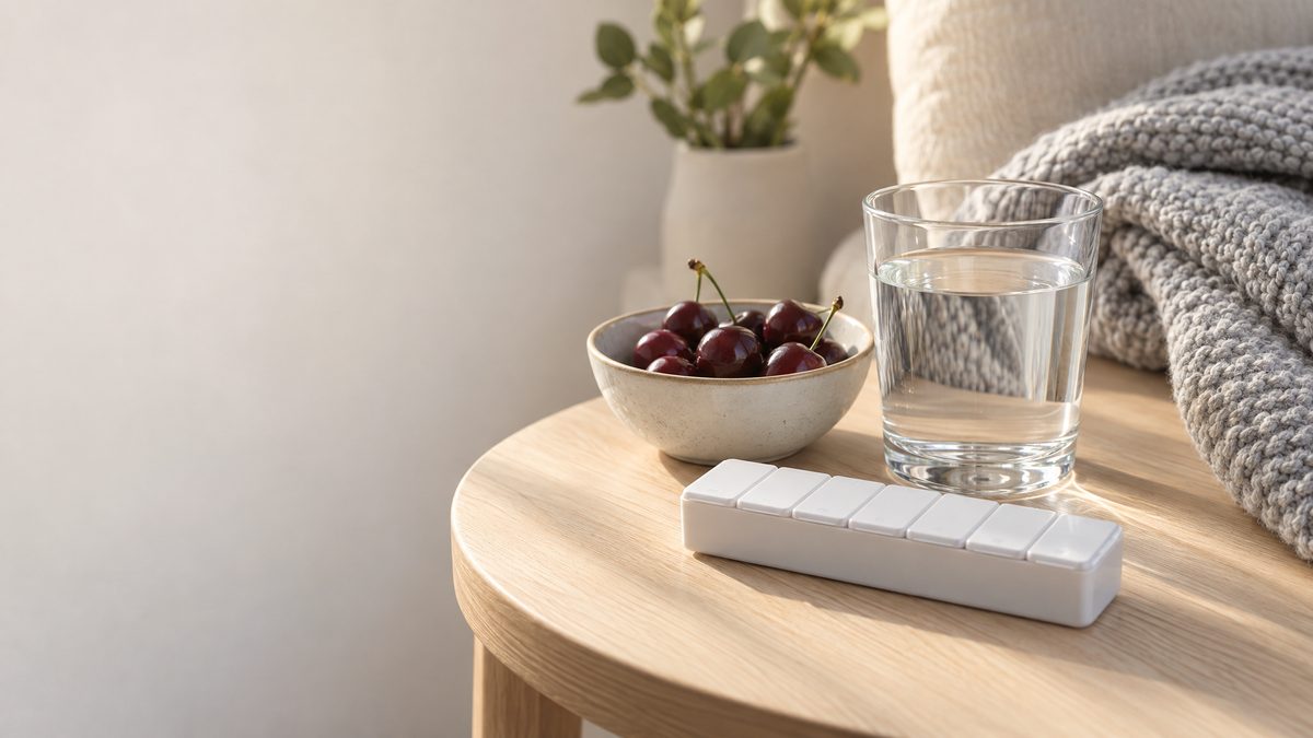 A glass of water, a small bowl of cherries, a closed pill organizer and a folded knitted blanket on a pale wooden side table