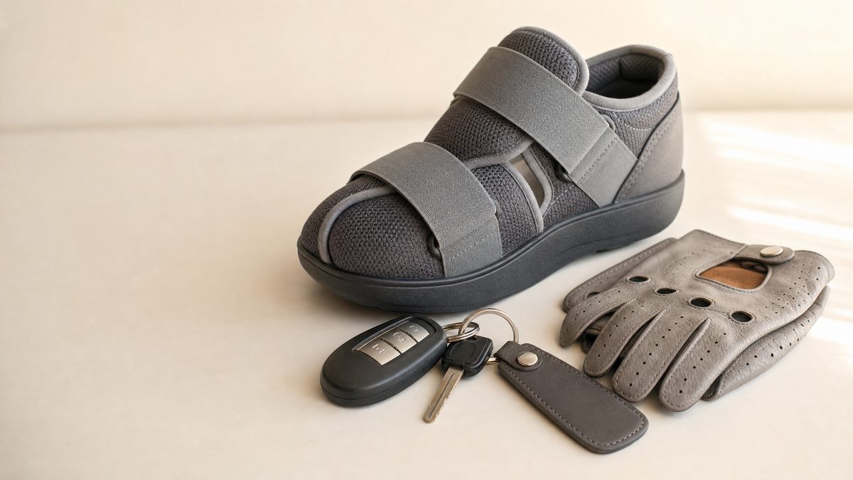 Car keys and a post operative shoe representing returning to driving