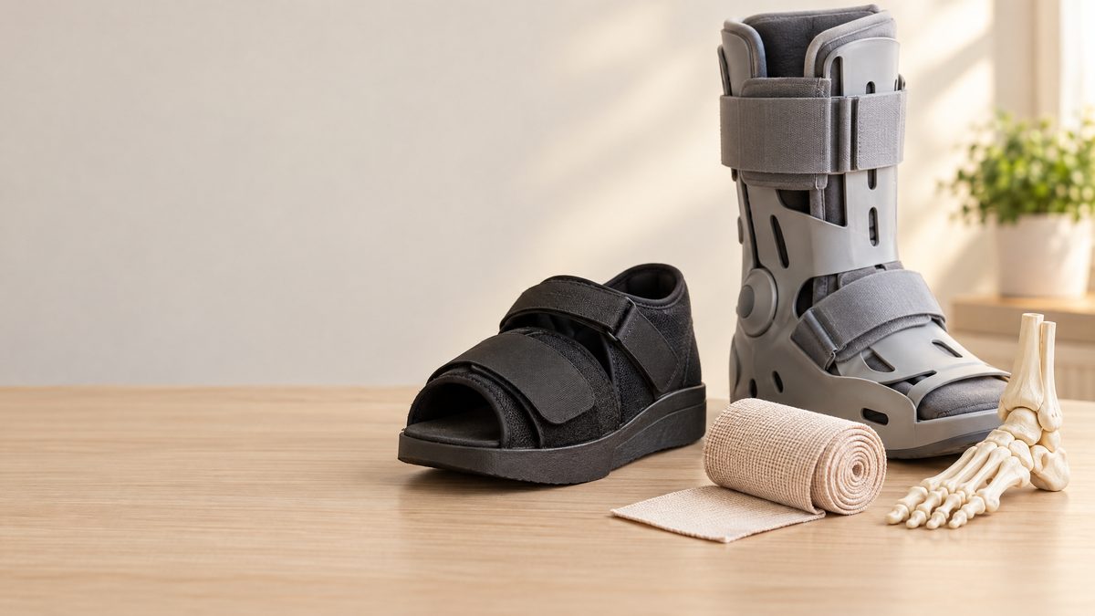 A stiff-soled post-op shoe beside a medical walking boot, an elastic bandage and a model of the foot bones on a pale wooden floor