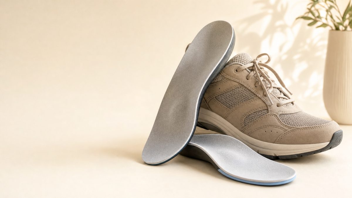 Custom orthotic insole and supportive shoe representing flatfoot treatment