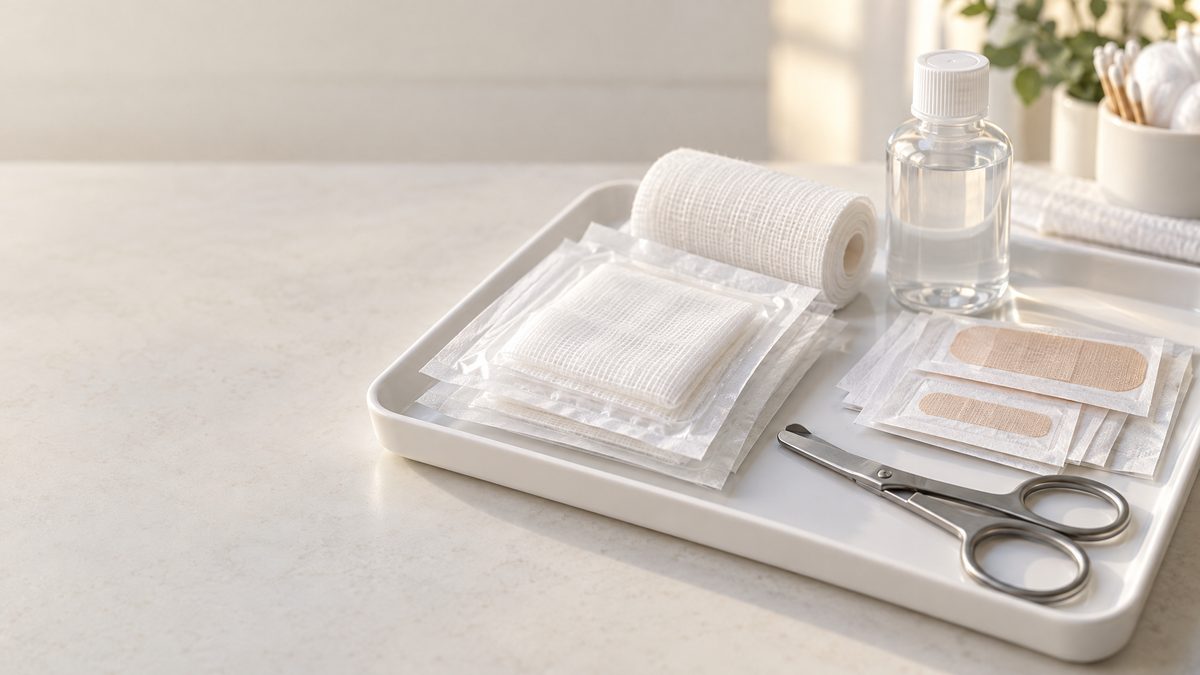 Sterile gauze pads, adhesive dressings, a roll of bandage, a bottle of saline and bandage scissors on a white tray