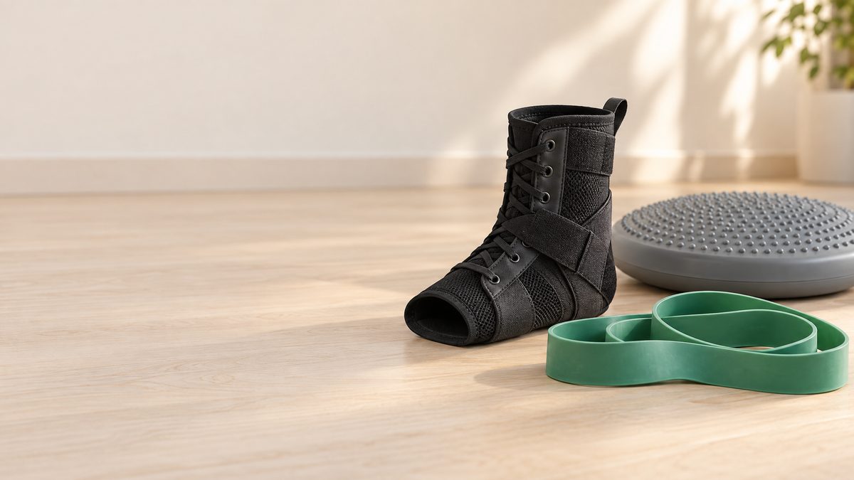 Lace-up ankle brace, resistance band and balance disc representing grade 3 ankle sprain recovery