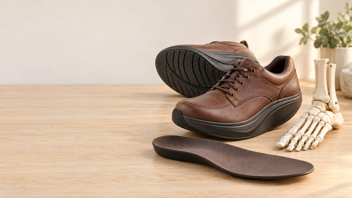Brown leather lace-up shoes with thick rocker soles, a firm dark insole and a model of the foot bones on a light wooden table