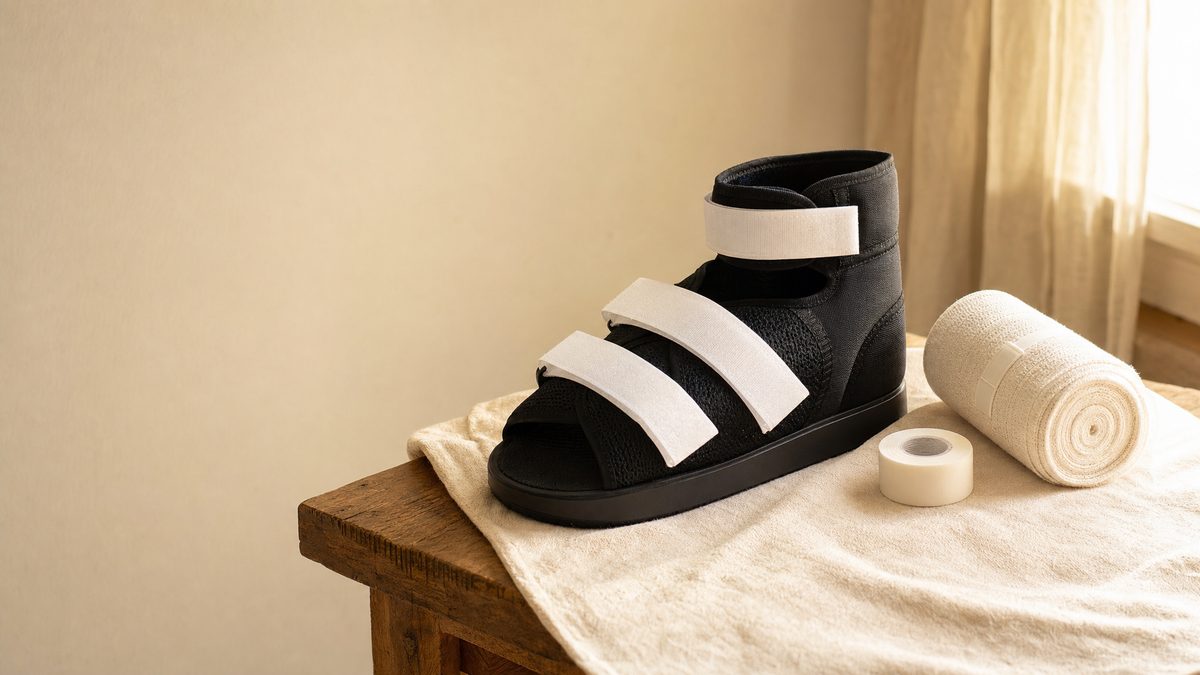 Post-operative shoe and dressing supplies representing hammertoe surgery recovery