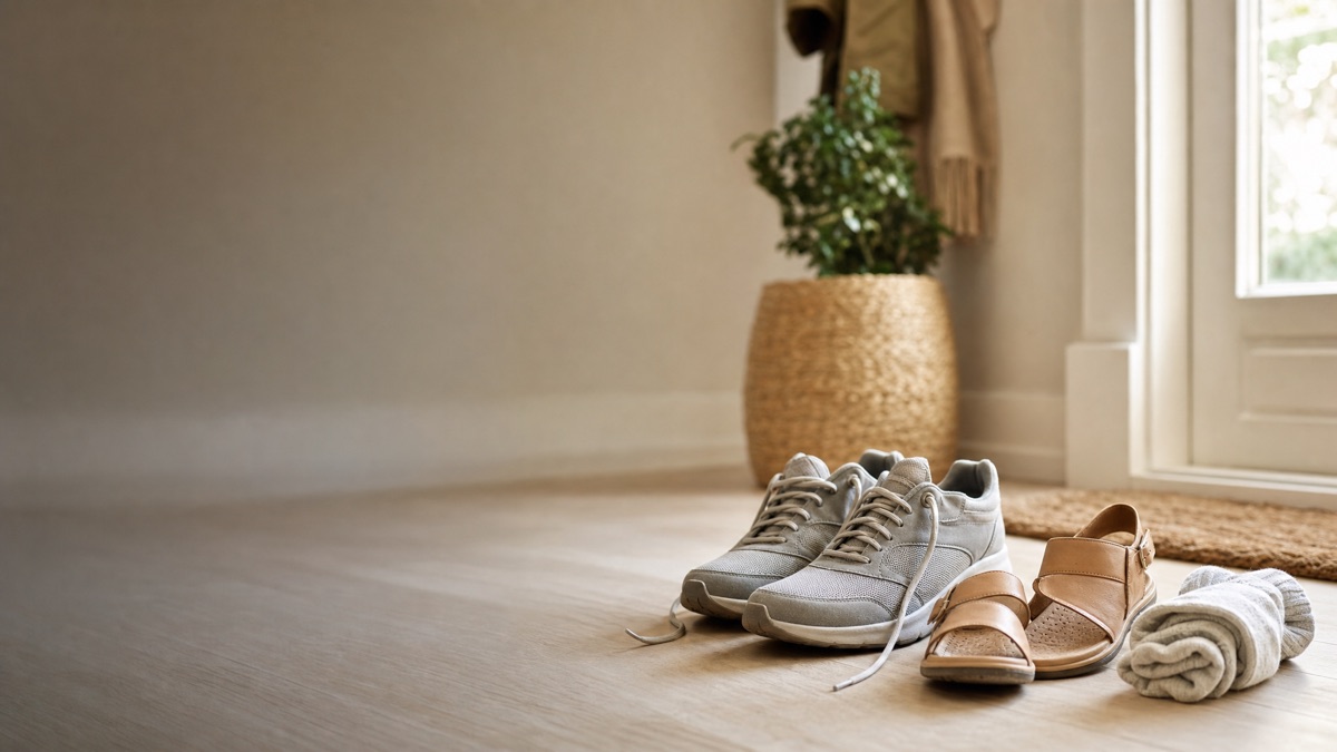 Open sandal and sneaker beside a bandaged toe after a toenail removal