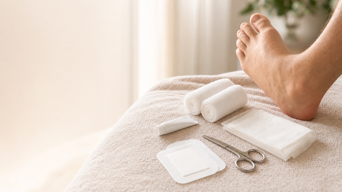 Clean wound care supplies for caring for a toe after toenail removal