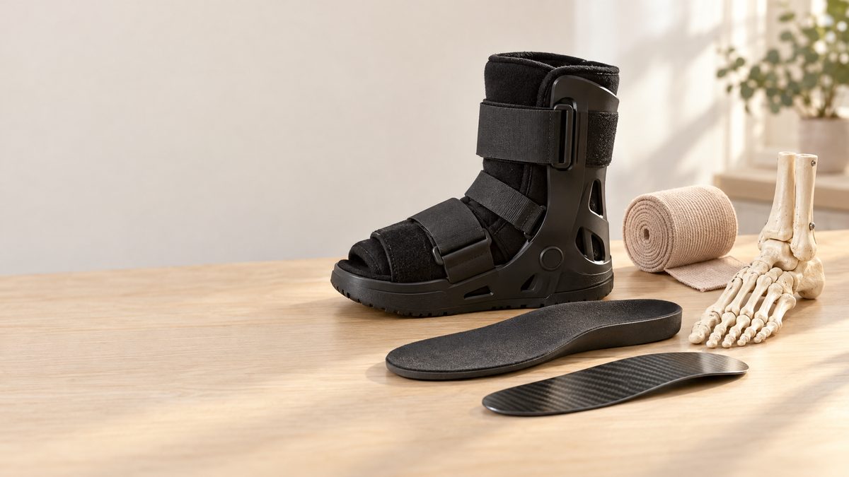 A short black walking boot, an arch-support insole, a stiff carbon insole, a rolled elastic bandage and a model foot skeleton on a light wooden table