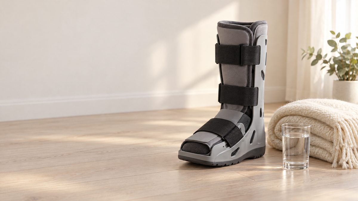 A tall grey walking boot with black straps beside a folded cream blanket and a glass of water
