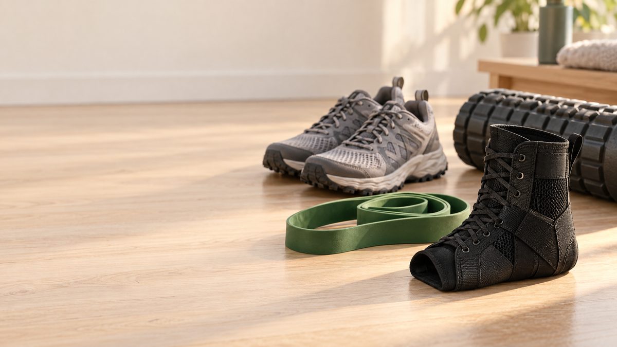 A lace-up ankle brace, a coiled resistance band, grey trail running shoes and a foam roller on a pale wooden floor