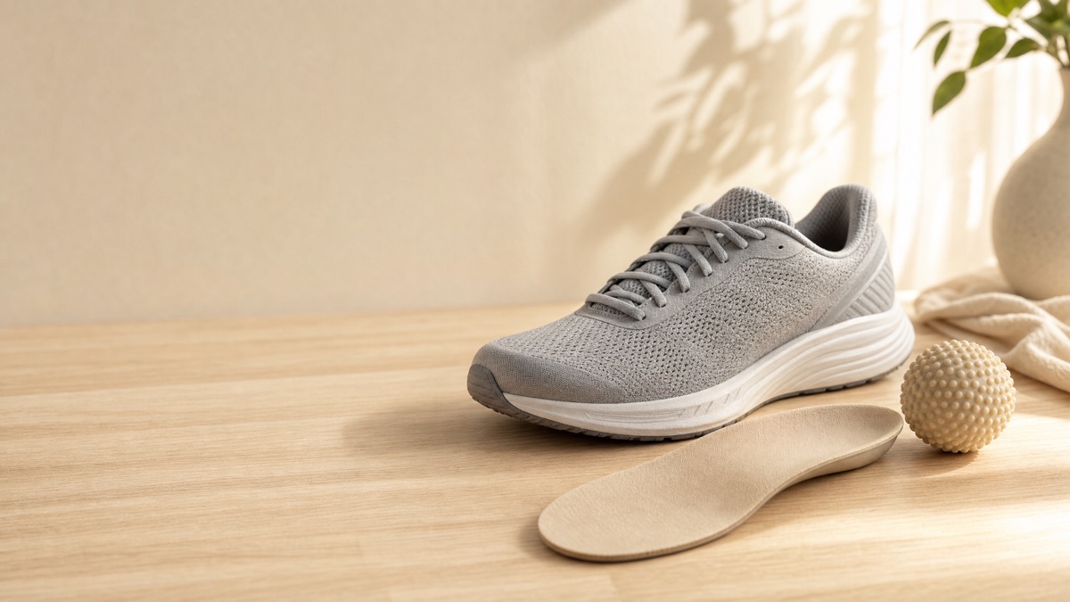 Supportive footwear and arch support used during plantar fasciitis recovery