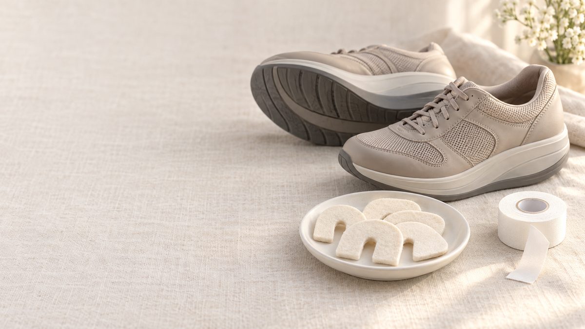 U-shaped felt pads on a small dish, stiff-soled walking shoes with a rocker sole and a roll of white tape on a pale linen surface