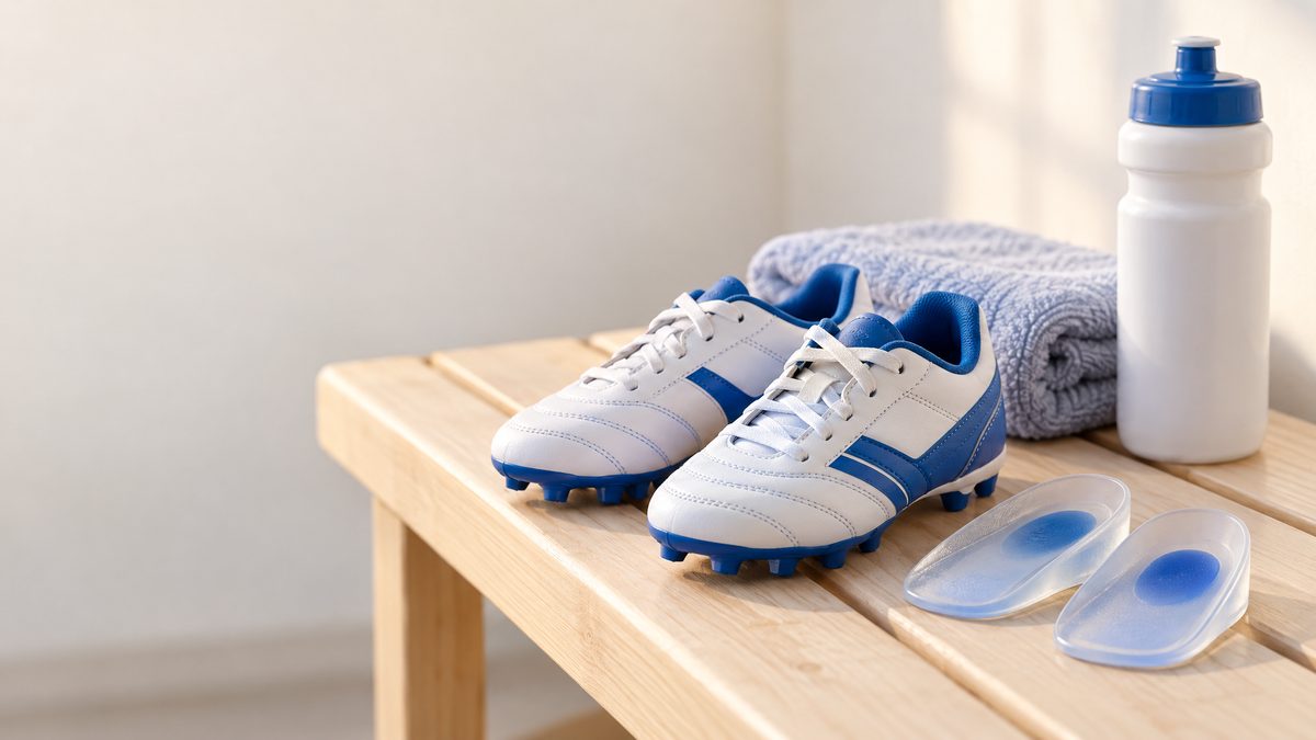 A pair of children's white and blue soccer cleats, gel heel cups, a folded towel and a water bottle on a wooden bench