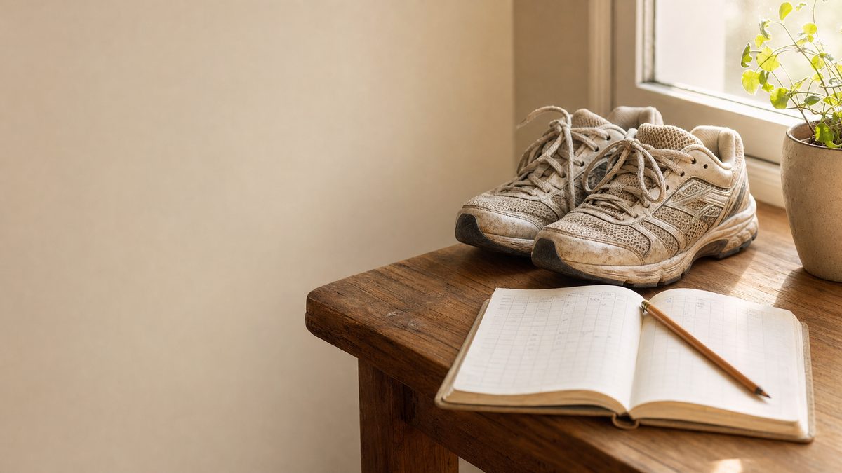 Running shoes and a training log representing stress fracture recovery