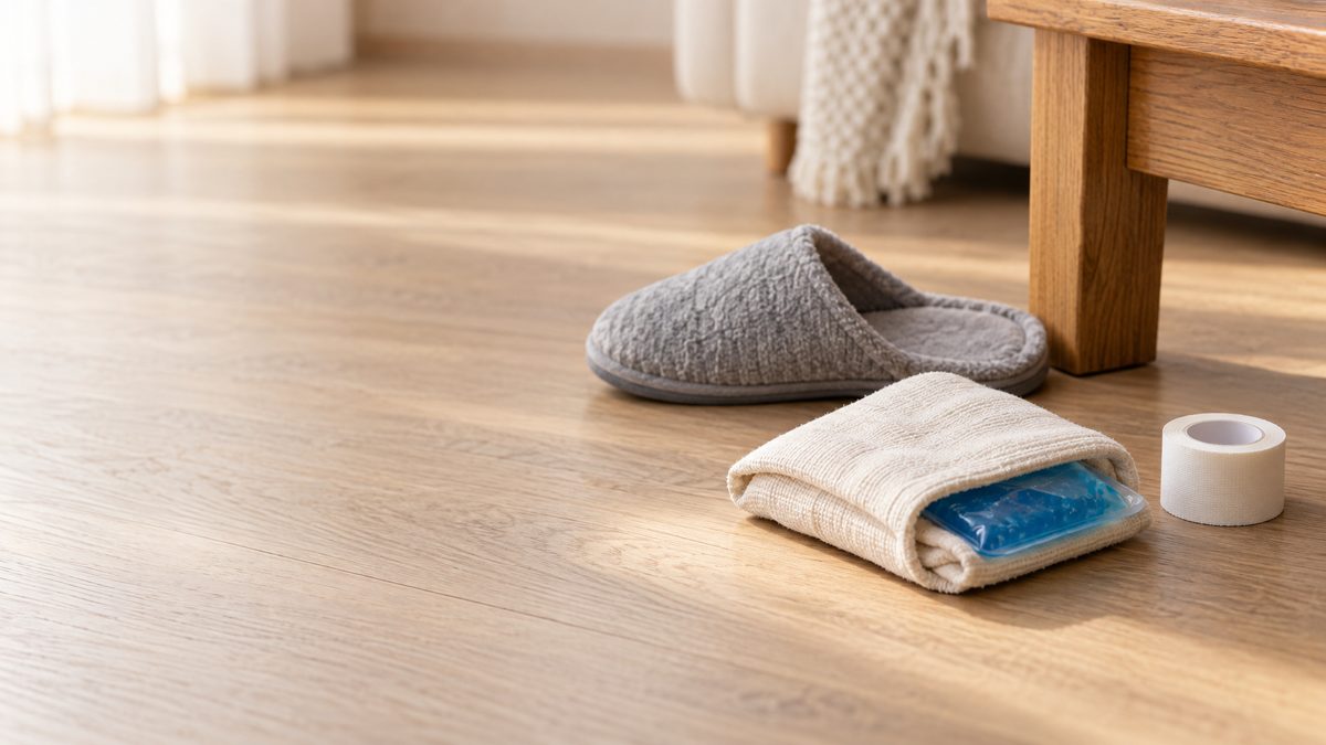 A wooden table leg on a sunlit wood floor beside a gray slipper, an ice pack wrapped in a towel and a roll of white tape