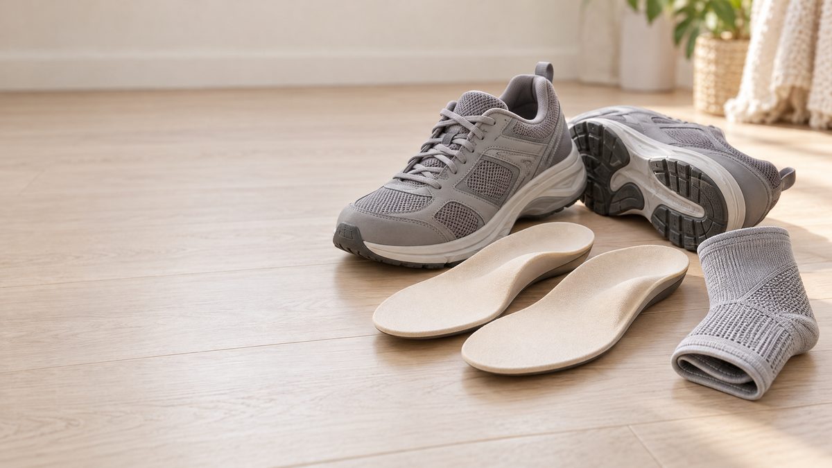 Supportive walking shoes, firm arch-support insoles and a soft ankle sleeve on a pale wooden floor