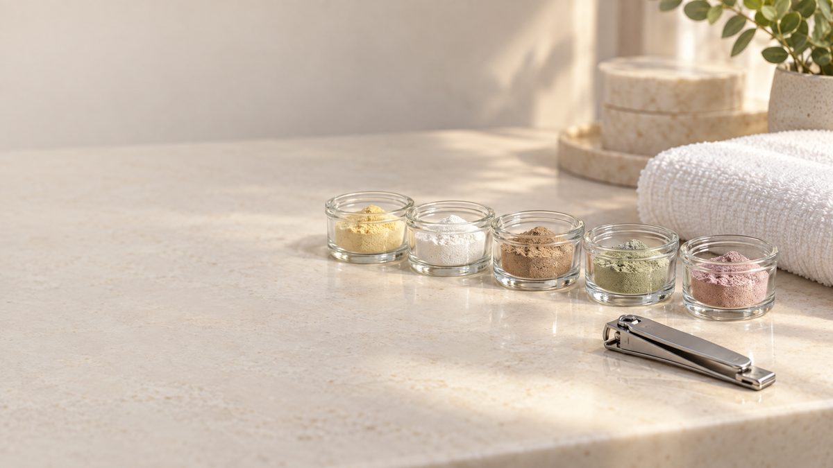 Small glass dishes of yellow, white, brown, green and rose colored powder beside nail clippers and a folded white towel