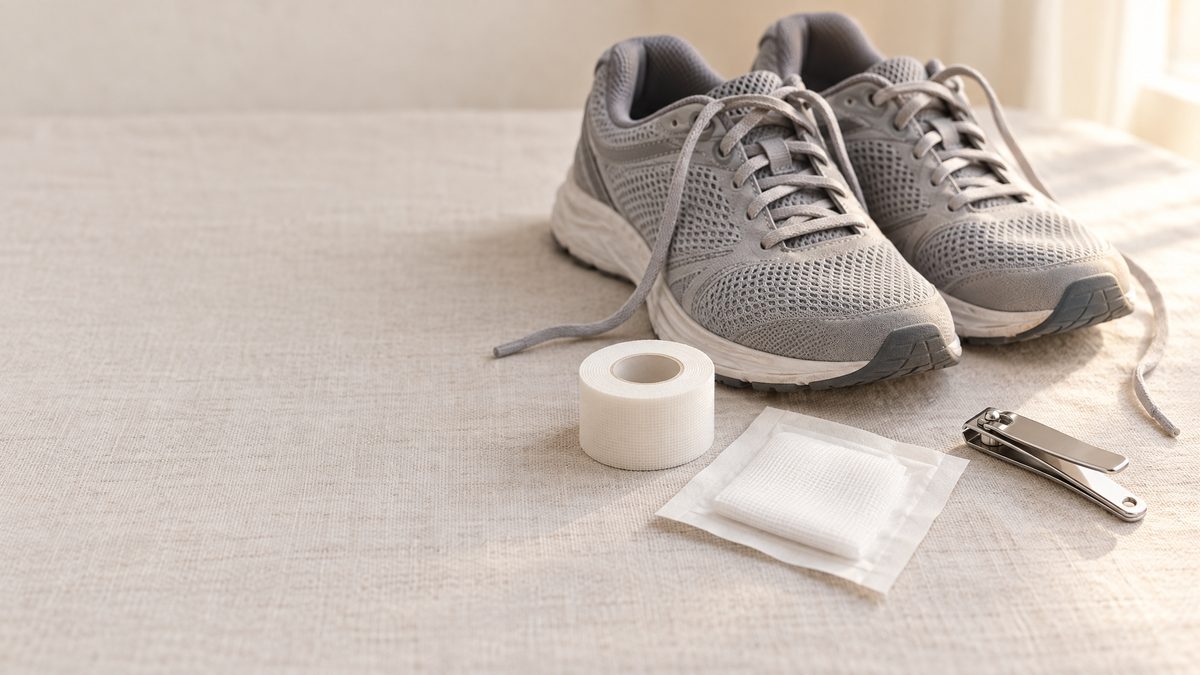 A pair of grey running shoes with loosened laces, a roll of white medical tape, a sterile gauze pad and nail clippers on a pale linen surface
