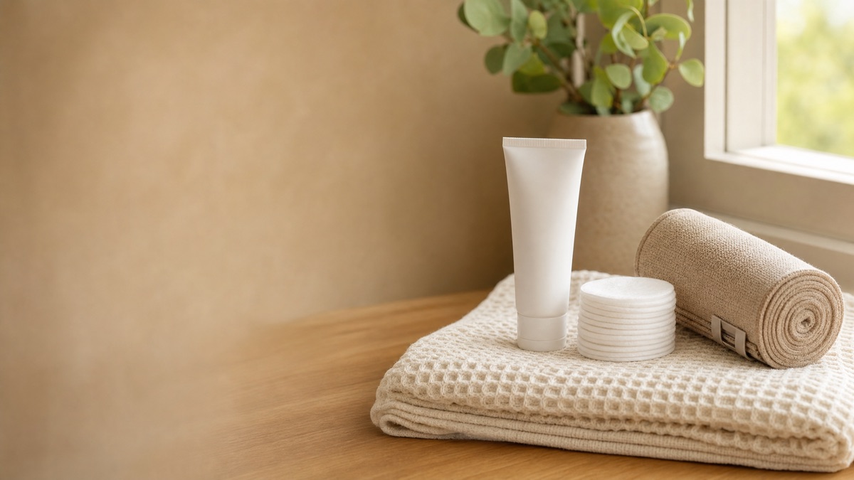 Antifungal cream, cotton pads, and clean bandaging supplies arranged for aftercare following fungal toenail removal