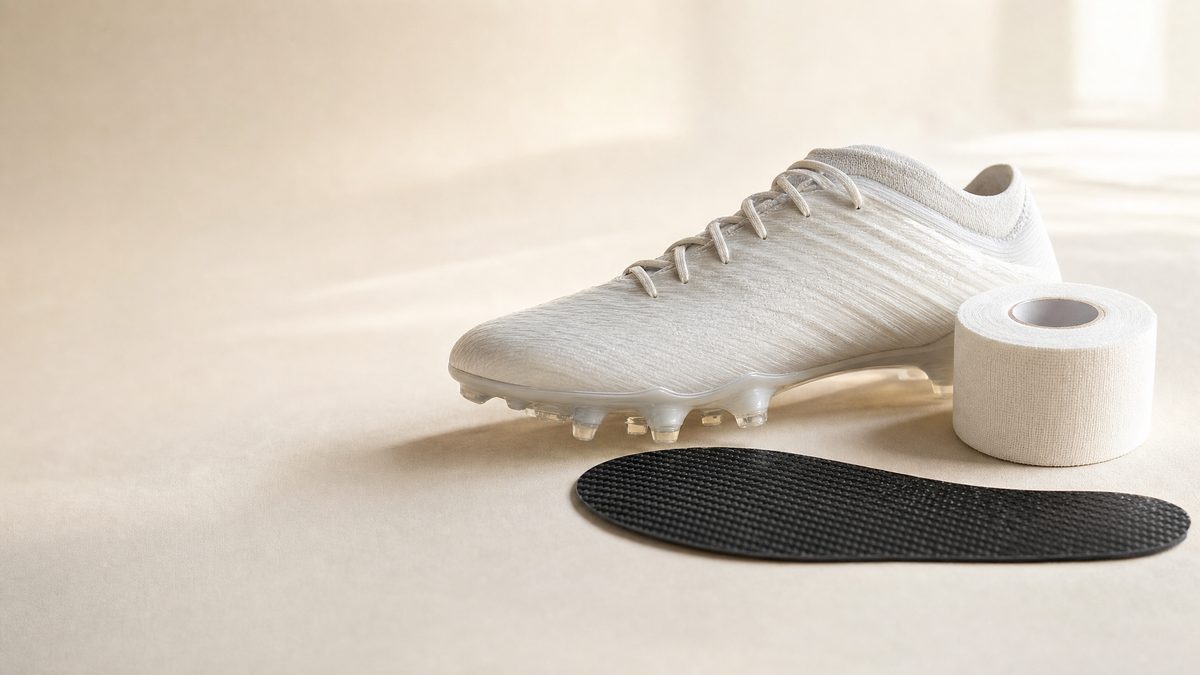 Athletic cleat and athletic tape representing turf toe injury