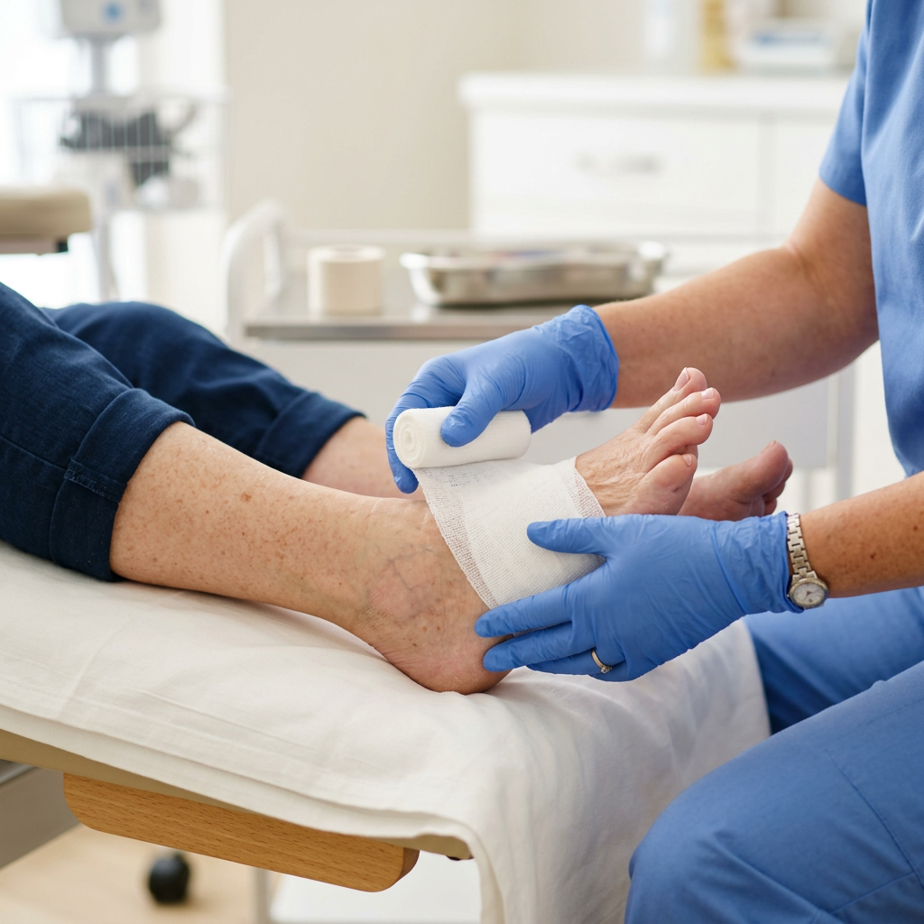 A clinician gently wrapping a patient's foot