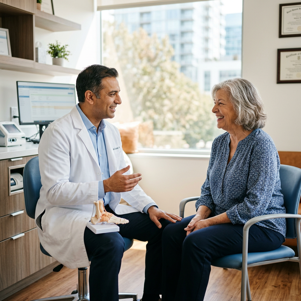 A podiatrist talking with an older patient in a bright office